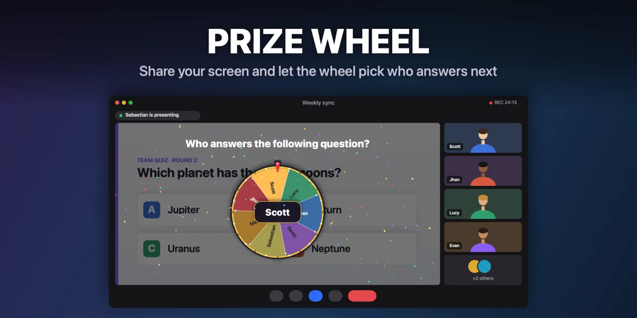 Prize wheel on a screen shared in a video call