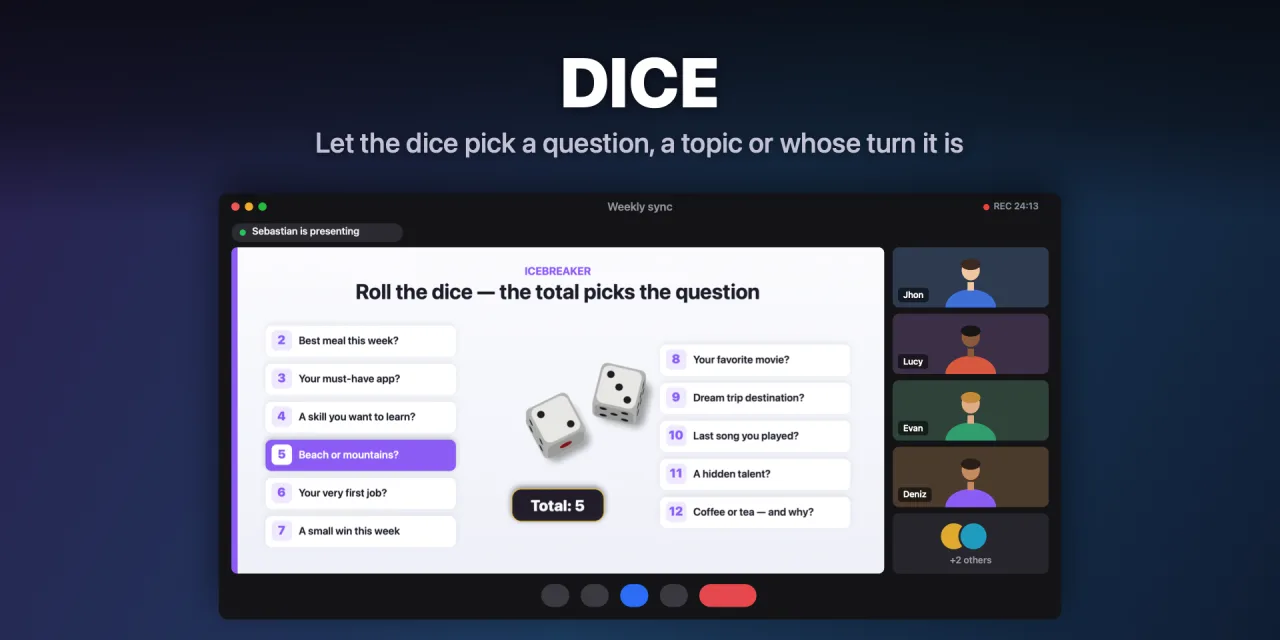 Two dice picking an icebreaker question in a video call