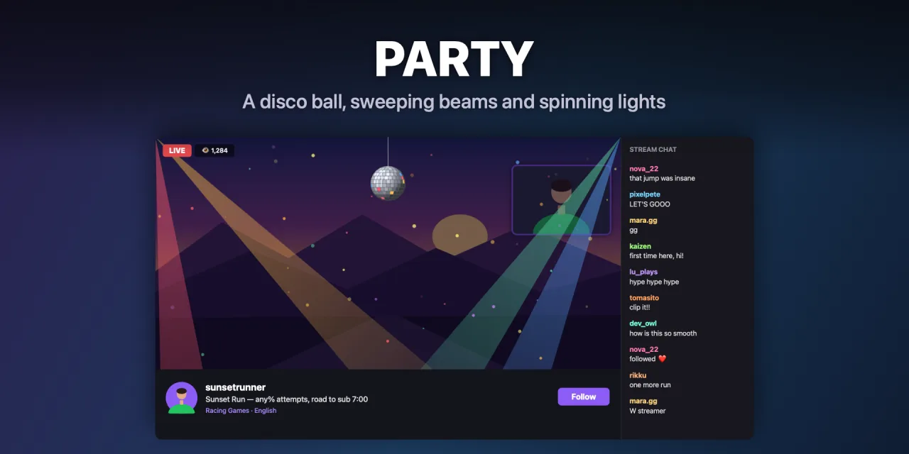 Disco ball and light beams on a live stream