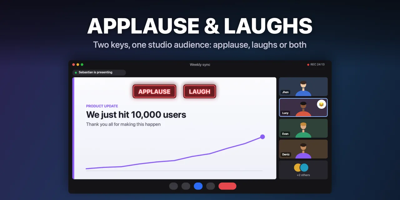 Applause and laugh neon signs over a slide shared in a video call