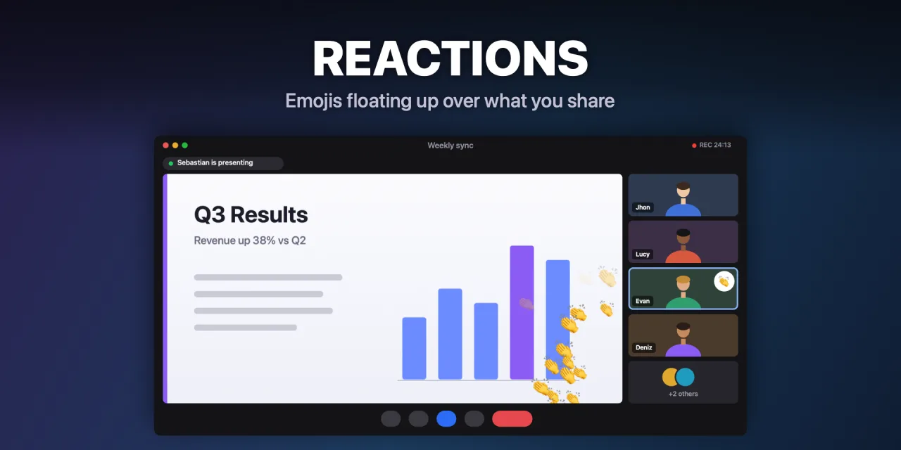Clapping reactions floating over a slide shared in a video call