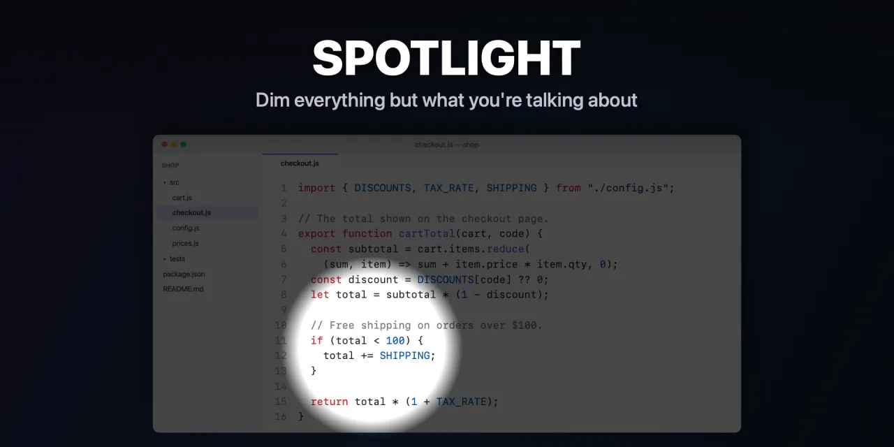 Spotlight on a few lines of code in an editor